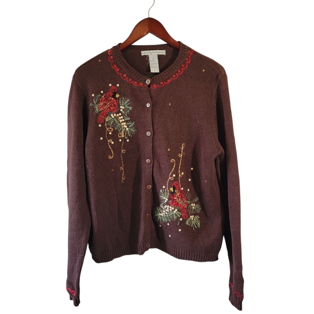 VTG Novelty Bird Embroidered Button Front Sweater XL Preppy Academia